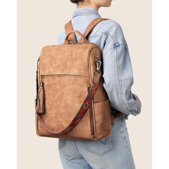 Women Camel Brown Suede Style Backpack Designer 15.6 inch PU Leather Laptop Bag - Picture 2 of 9